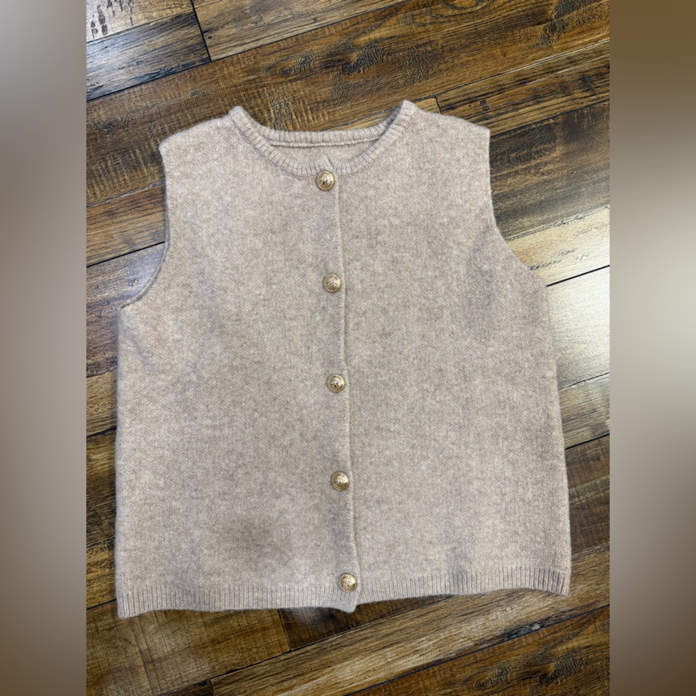 Beige Button-Up Sleeveless Sweater Vest